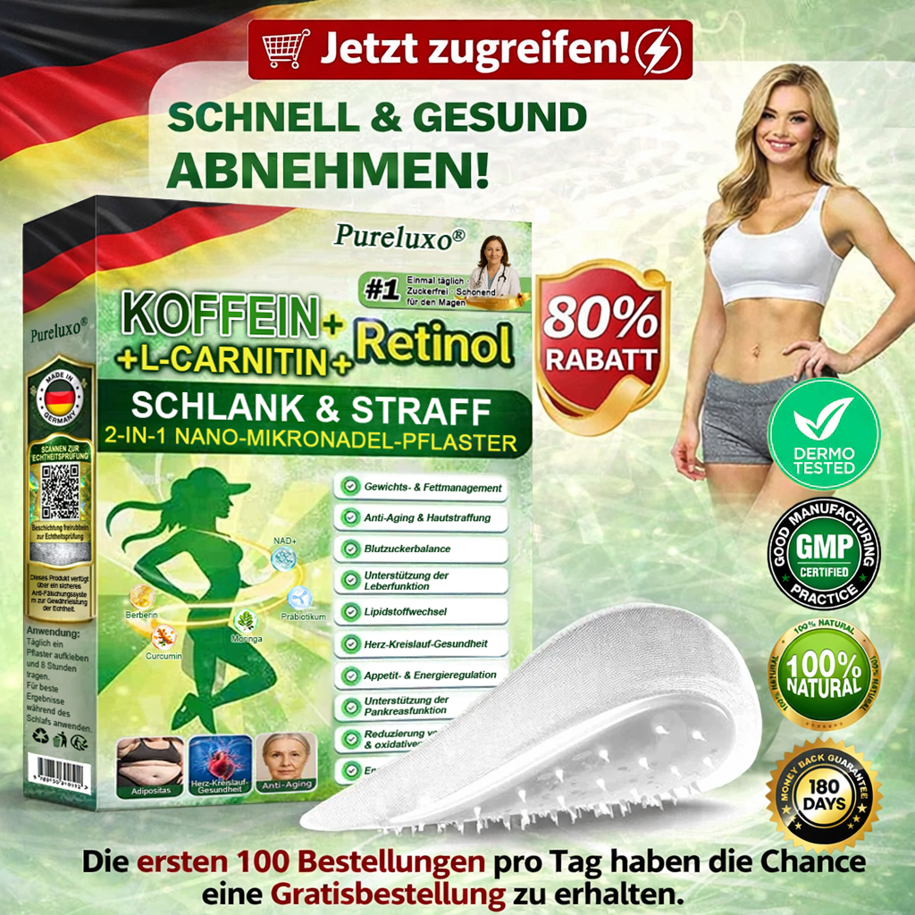 [GMP-zertifiziert]👩‍⚕️👩‍⚕️ | Pureluxo® Koffein · L-Carnitin × Retinol | Schlankheits- und Straffungspflaster mit Nano-Mikronadeln (2-in-1) 🇩🇪 | Wissenschaftlich fundiert | 10-in-1-Formel | Ergebnisse in 7 Tagen ⏳