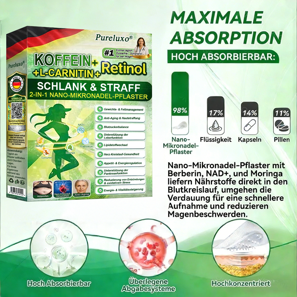 [GMP-zertifiziert]👩‍⚕️👩‍⚕️ | Pureluxo® Koffein · L-Carnitin × Retinol | Schlankheits- und Straffungspflaster mit Nano-Mikronadeln (2-in-1) 🇩🇪 | Wissenschaftlich fundiert | 10-in-1-Formel | Ergebnisse in 7 Tagen ⏳